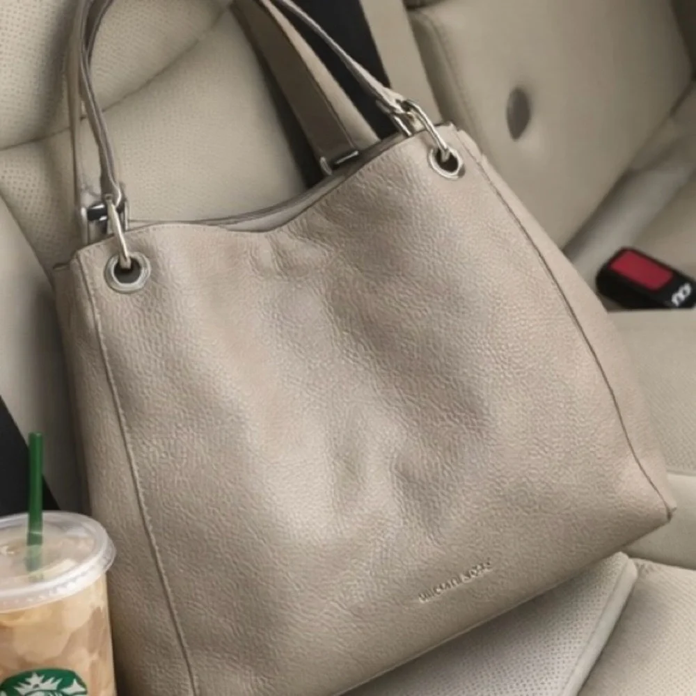 Michael Kors Raven Large Pebbled Leather Shoulder Bag Taupe Silver Hardware